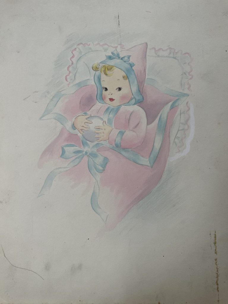 A vintage illustration of a baby dressed in a pink outfit with blue ribbons, lying on a white background.