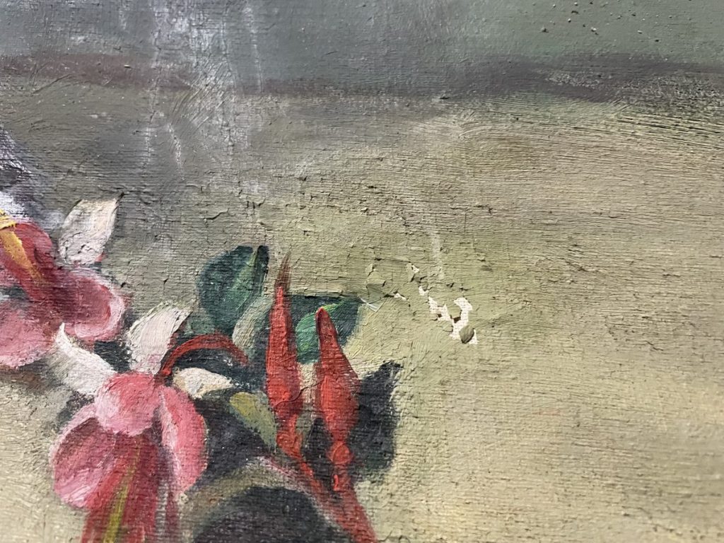 Close-up view of a floral painting showing pink flowers and green leaves with surface texture.