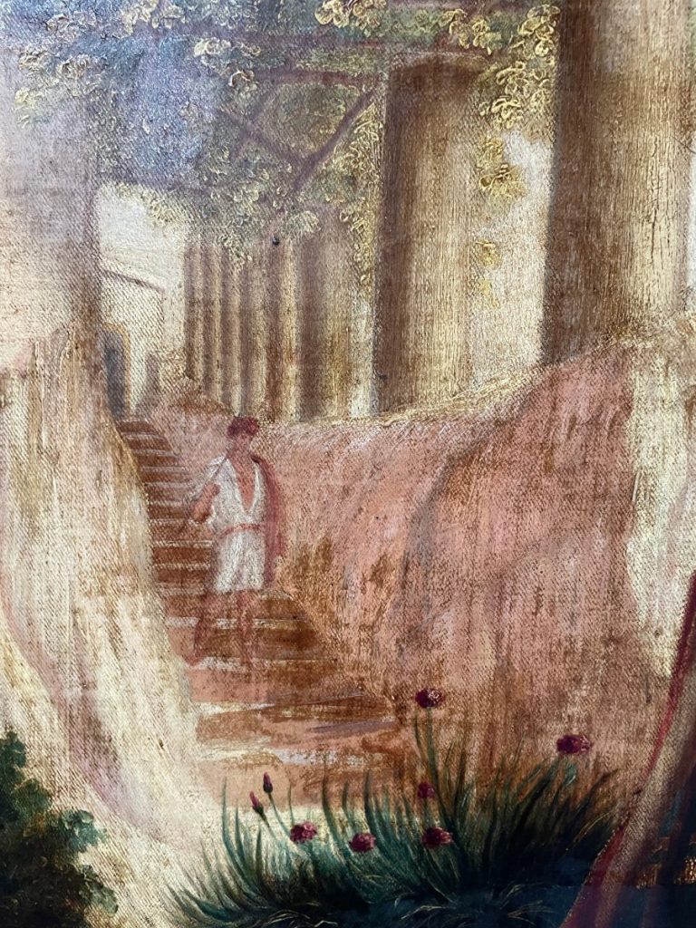 A figure in a white garment walking on a stone pathway surrounded by greenery and flowers.