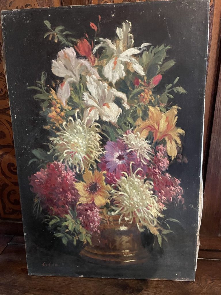 A still life painting featuring a bouquet of various flowers in a vase, including lilies and chrysanthemums.