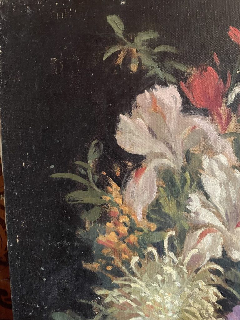 Close-up of a floral still life painting featuring various flowers on a dark background.