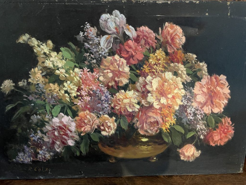 Still life painting of a bouquet with various flowers in a decorative vase.