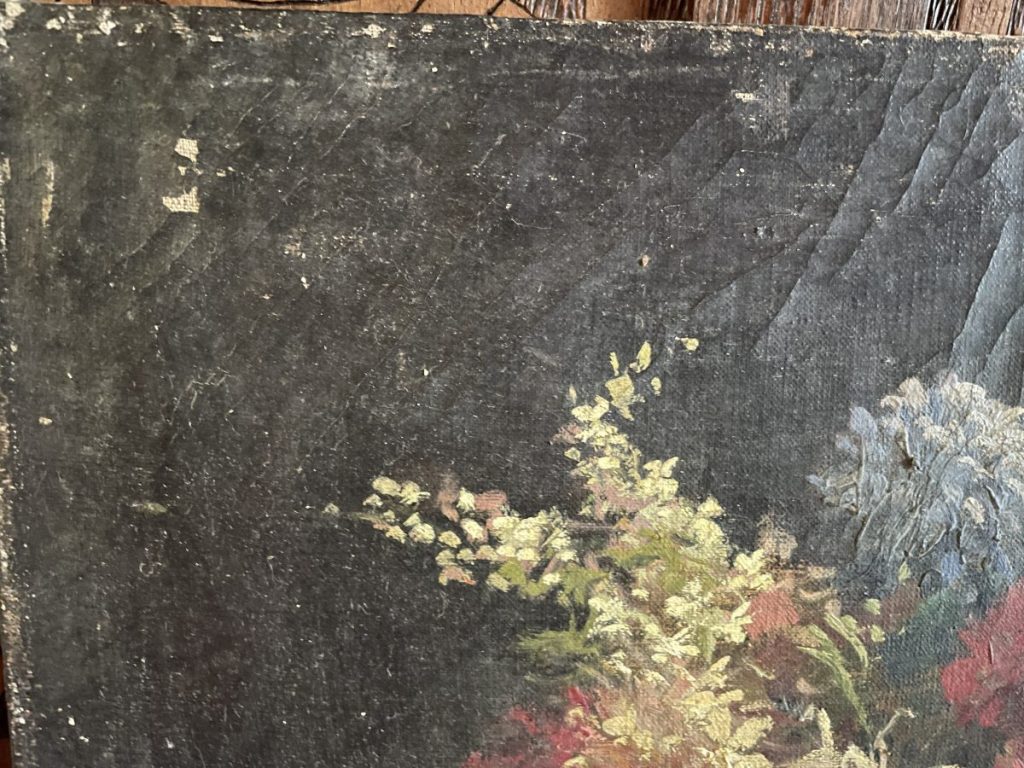 Close-up of a floral still life painting featuring various flowers in muted colors.