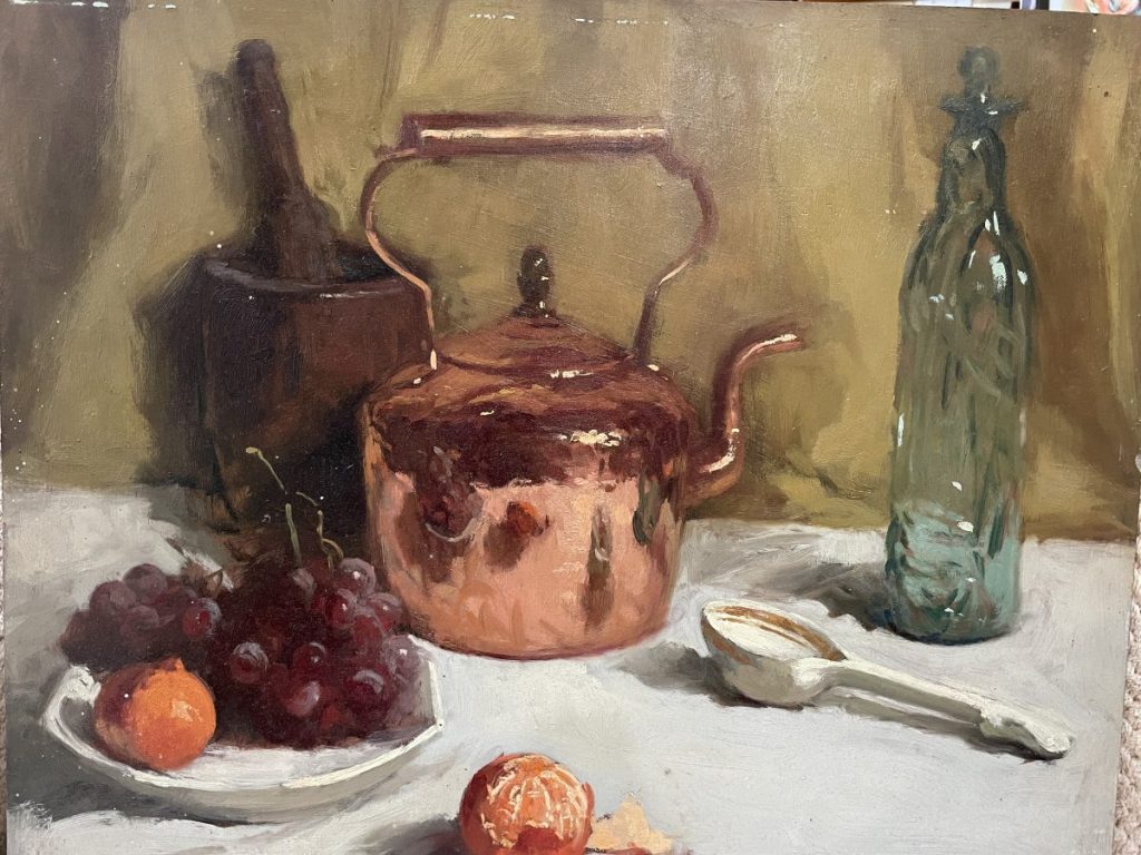 Still life painting featuring a copper kettle, grapes, oranges, and a glass bottle.