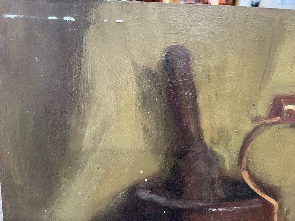 Close-up of an abstract painting featuring a dark object and muted background colors.