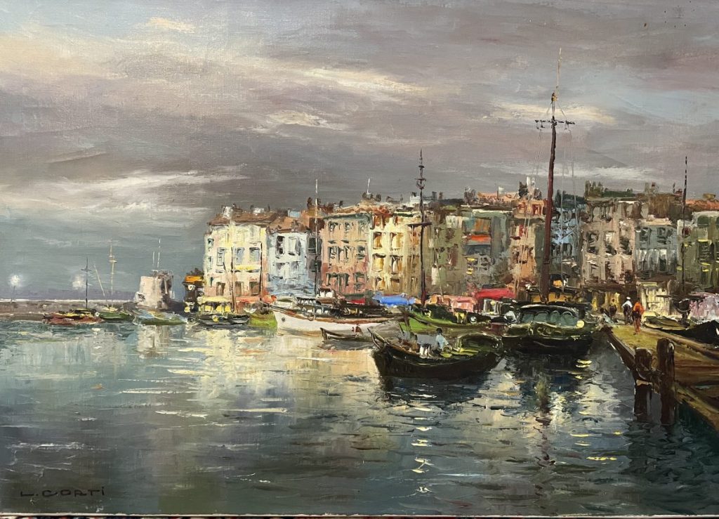 Painting of a harbor with boats and buildings along the waterfront under a cloudy sky.