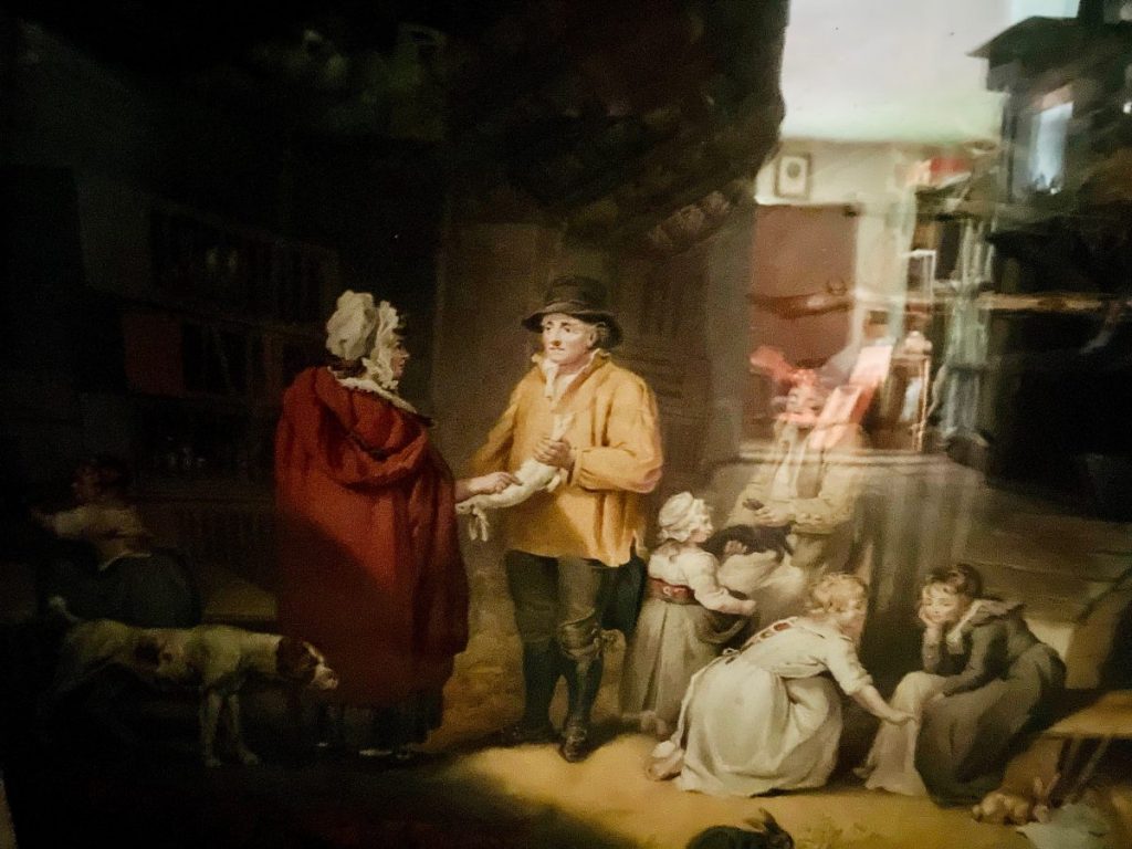 A historical painting depicting a man and woman engaged in conversation in a domestic setting.
