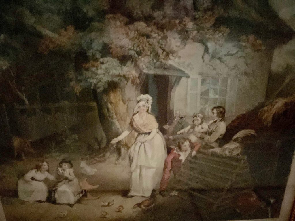 A 19th-century painting depicting a woman interacting with children and animals in a rural setting.