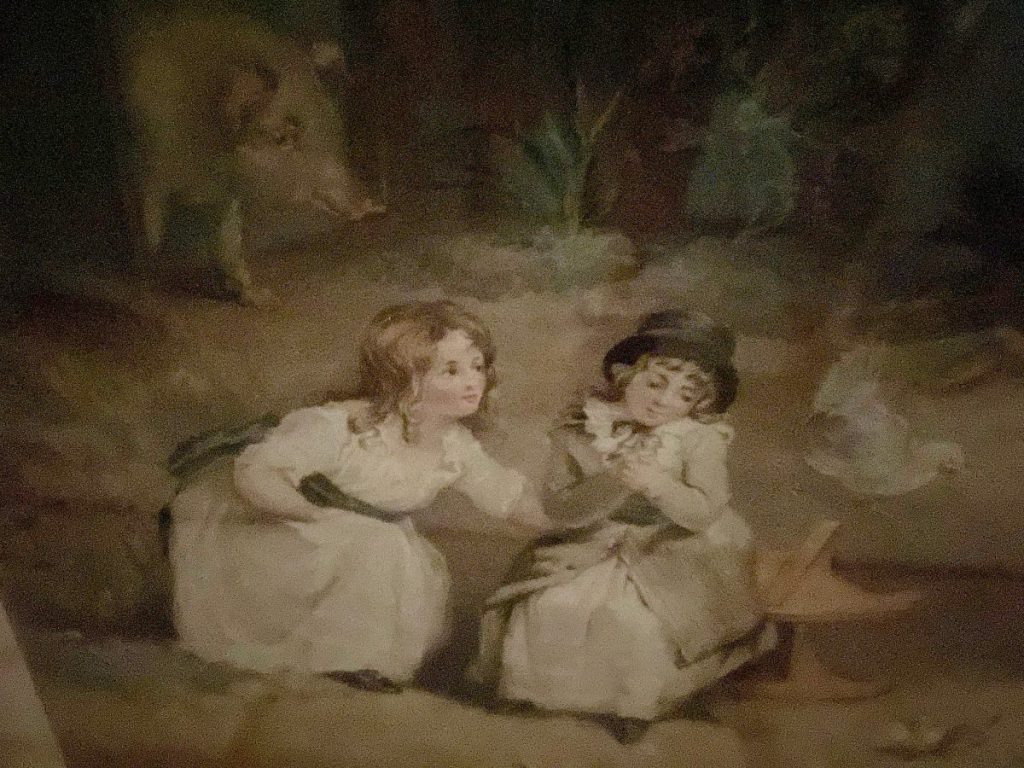 Two children in vintage clothing sitting together in a painting with a pig in the background.