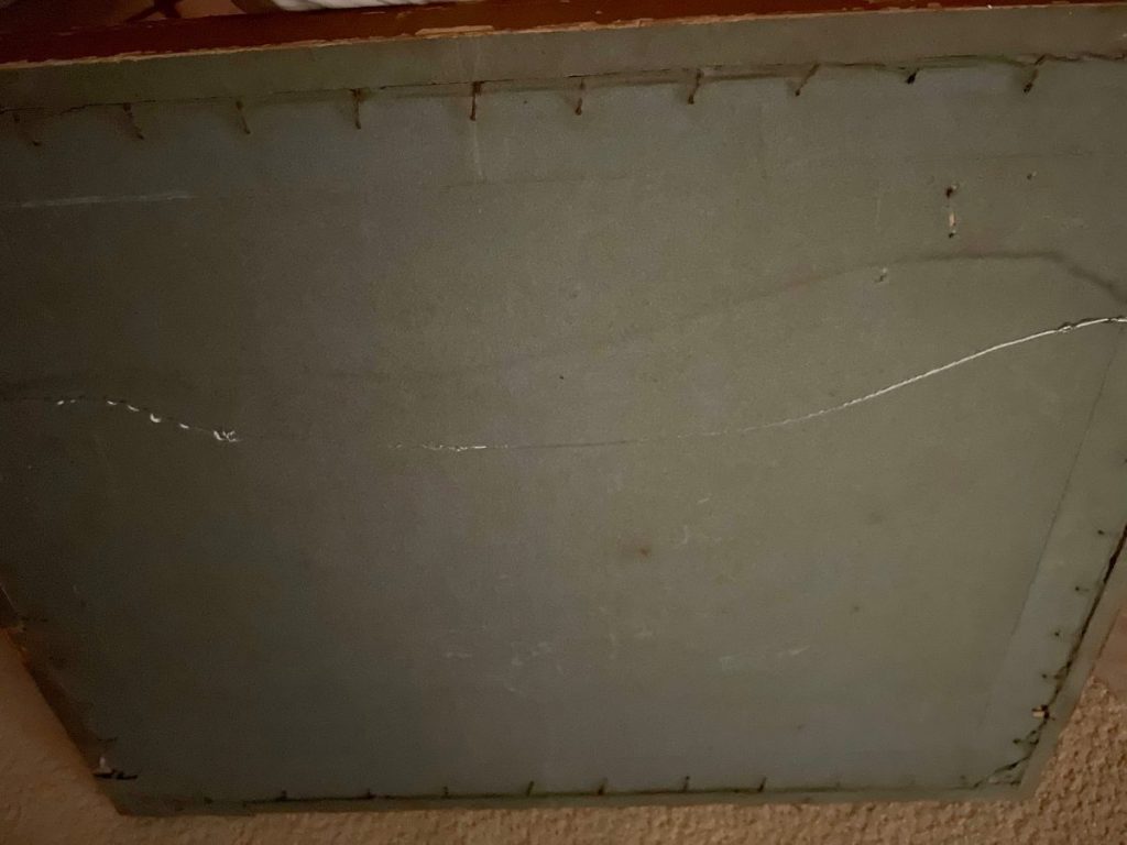 The back of a framed artwork showing a plain surface with visible nails and a wire for hanging.