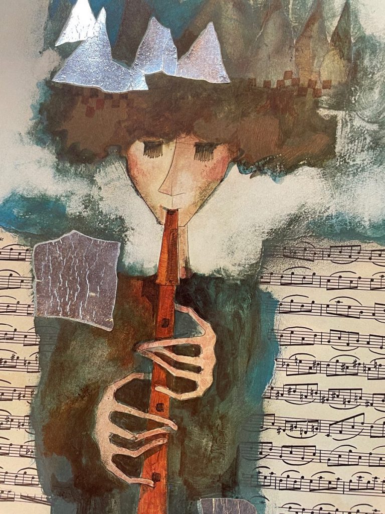 Artistic illustration of a person with curly hair playing a flute against a backdrop of music notes.