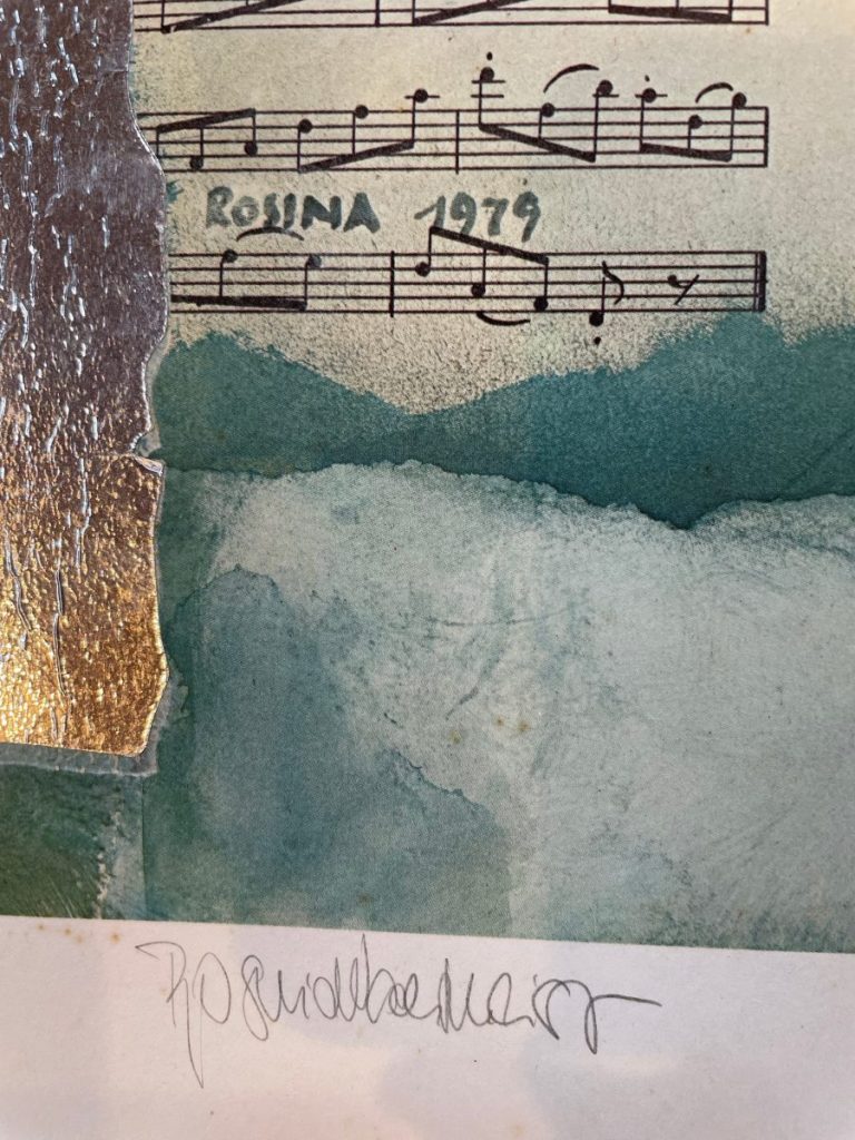 Sheet music with handwritten notes and a watercolor background in shades of green and gold.