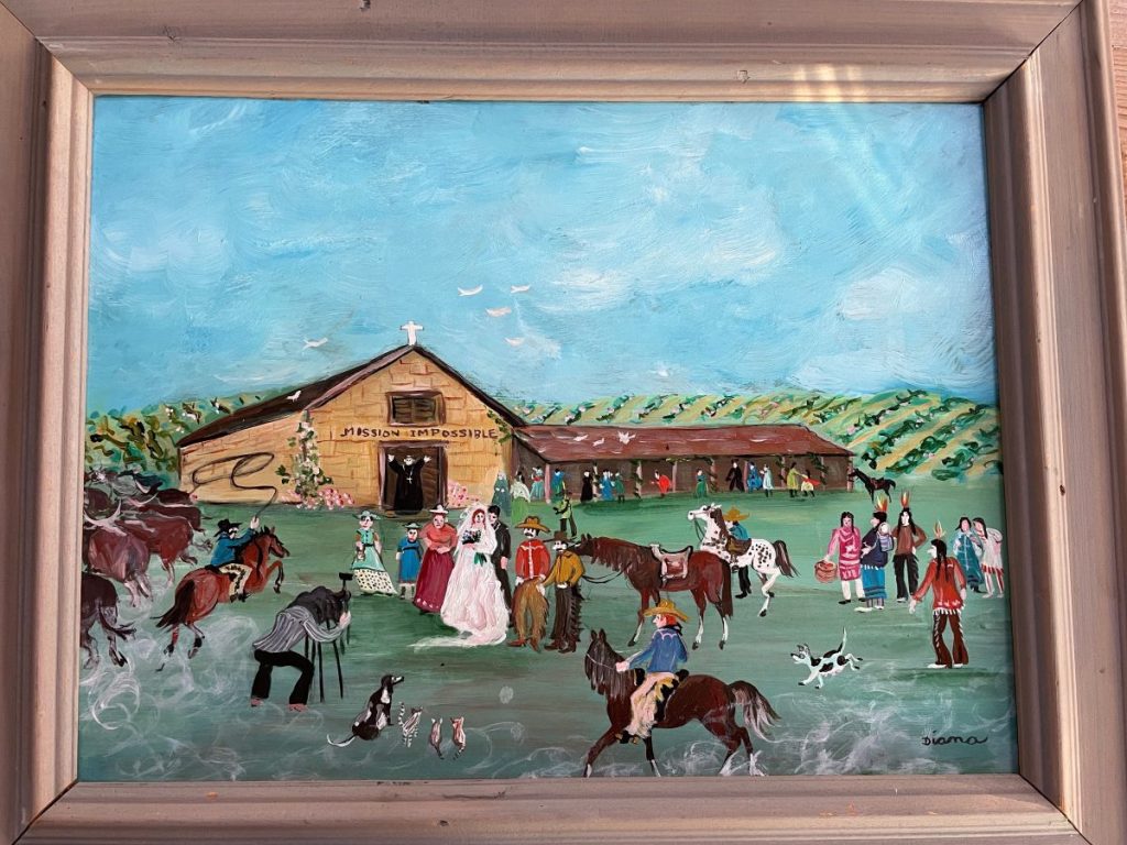 A vibrant painting depicting a rural scene with people, horses, and a barn labeled 'Missions Impossible'.