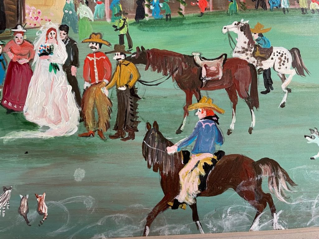 Vibrant folk art depicting people in traditional attire with horses in a lively outdoor setting.