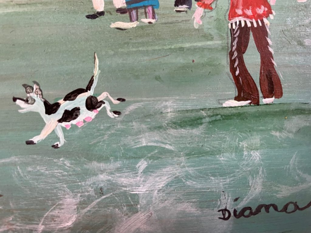 A painted image of a dog with black and white markings running on a green surface.
