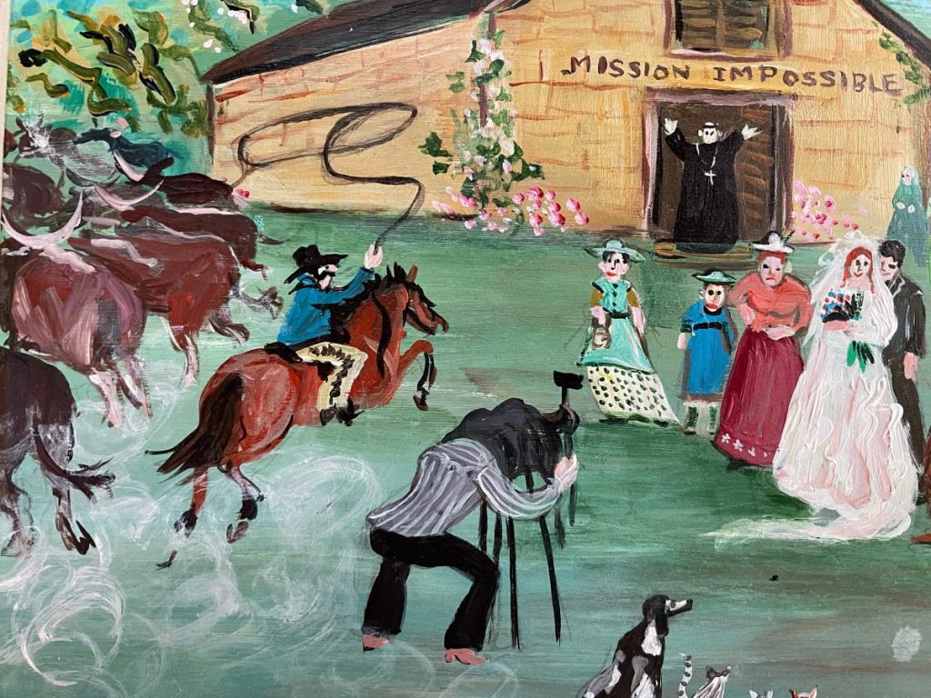 A colorful painting depicting a Western scene with cattle, a horse rider, and various figures in traditional attire.