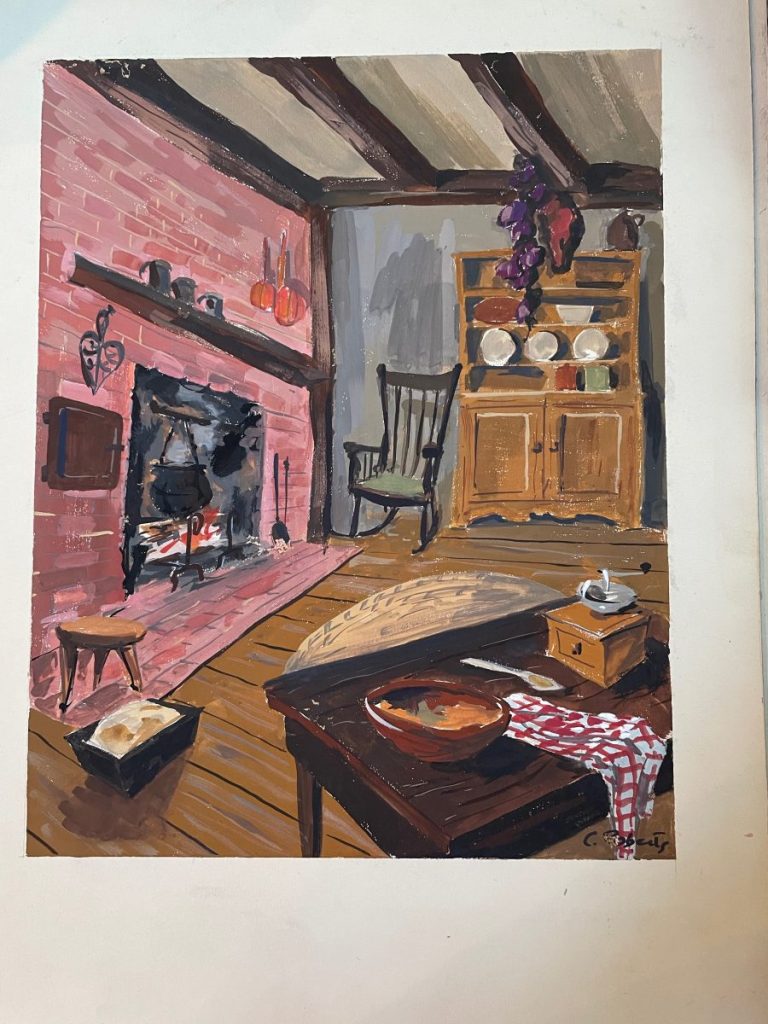An interior scene featuring a fireplace, wooden furniture, and a table with a bowl and a cloth.