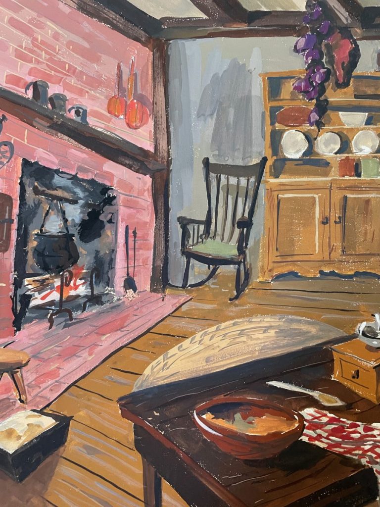 Interior view featuring a fireplace, wooden furniture, and decorative items in a cozy setting.