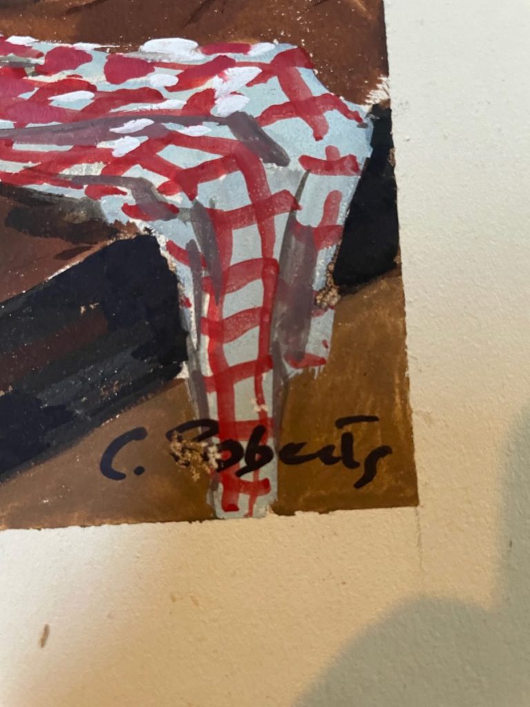 Signature of C. Roberts in black ink on a painted artwork with a red and white checkered pattern.