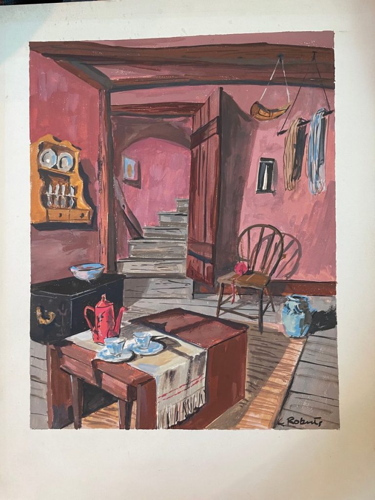 Interior scene featuring a pink wall, wooden furniture, and a staircase in the background.