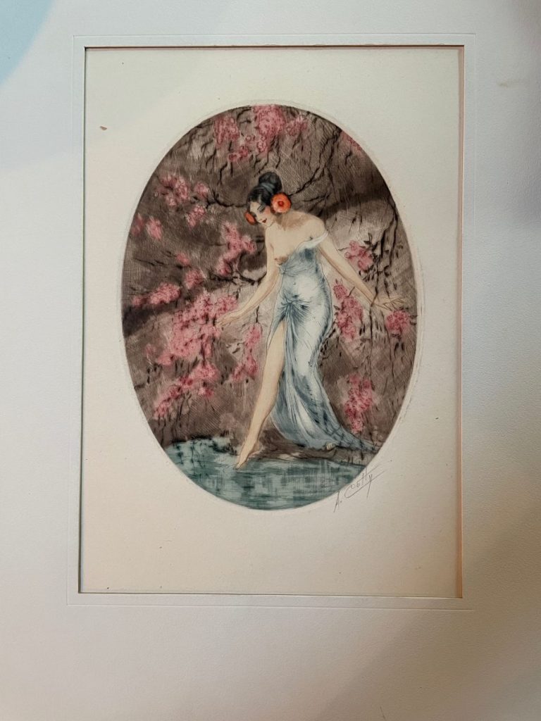 Illustration of a woman in a flowing dress standing by a water body with flowers in the background.