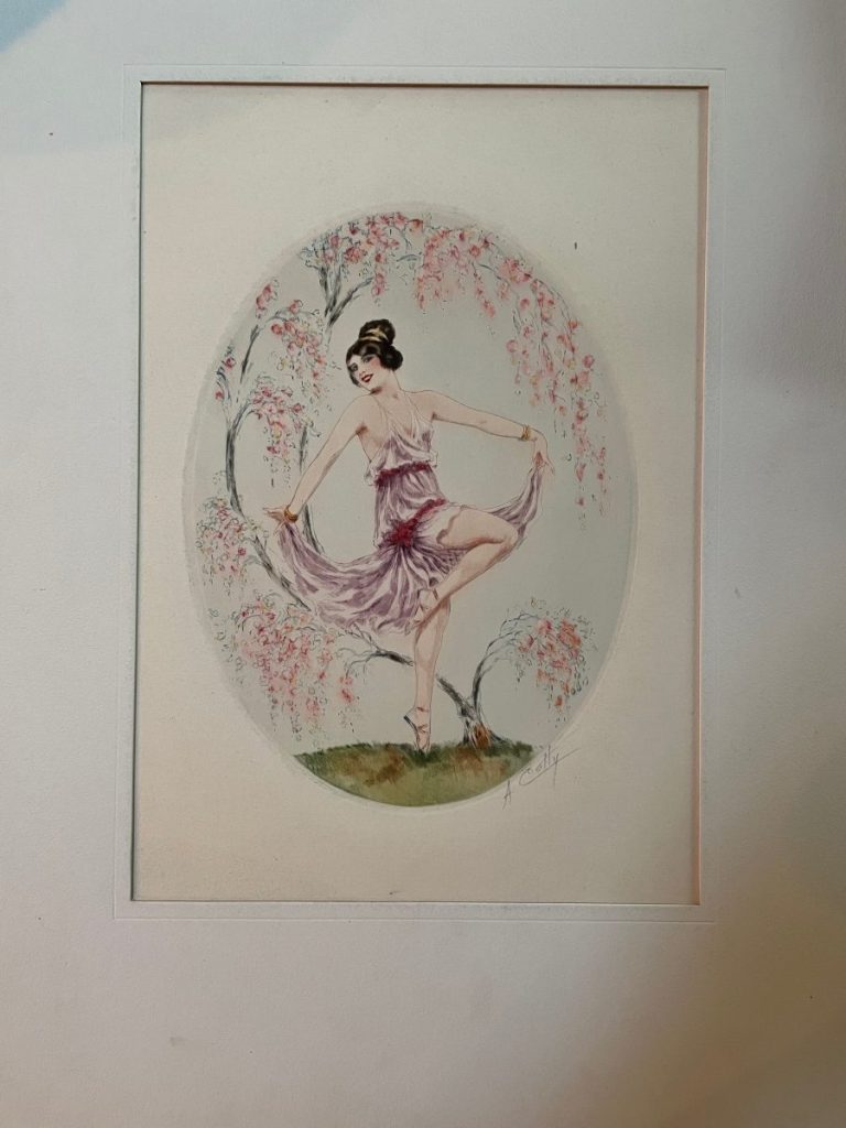 A vintage fashion illustration depicting a dancer in a flowing dress surrounded by floral elements.