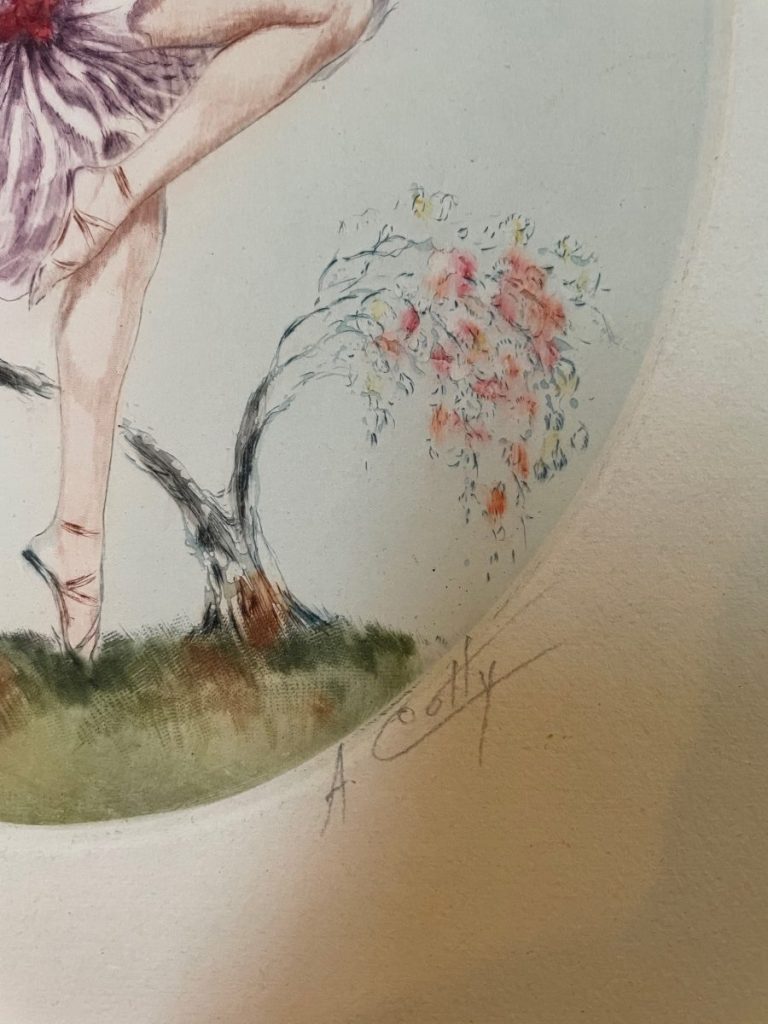 Illustration of a ballet dancer posed on one leg with a floral background.