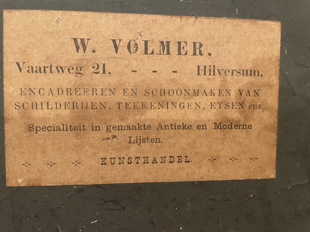Business card for W. Volmer, an art framing service located in Hilversum, Netherlands.