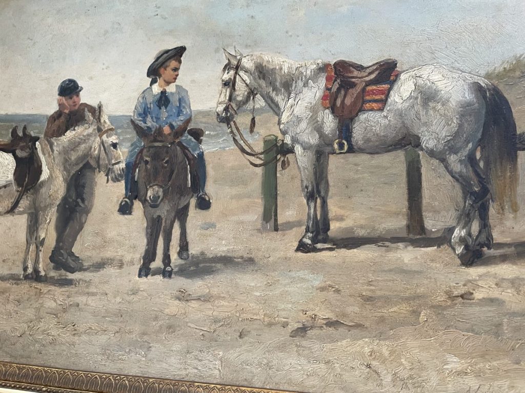 A painting depicting two riders, one on a donkey and the other on a horse, near a beach.