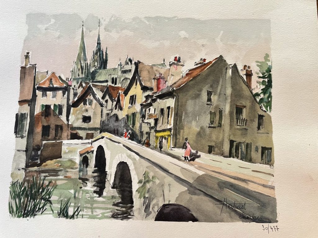 Watercolor artwork depicting a village scene with a bridge and buildings along a waterway.