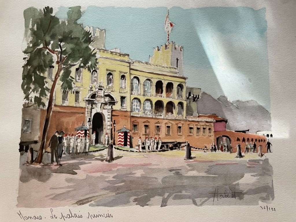 Watercolor artwork depicting a historical building with flags and people in front.