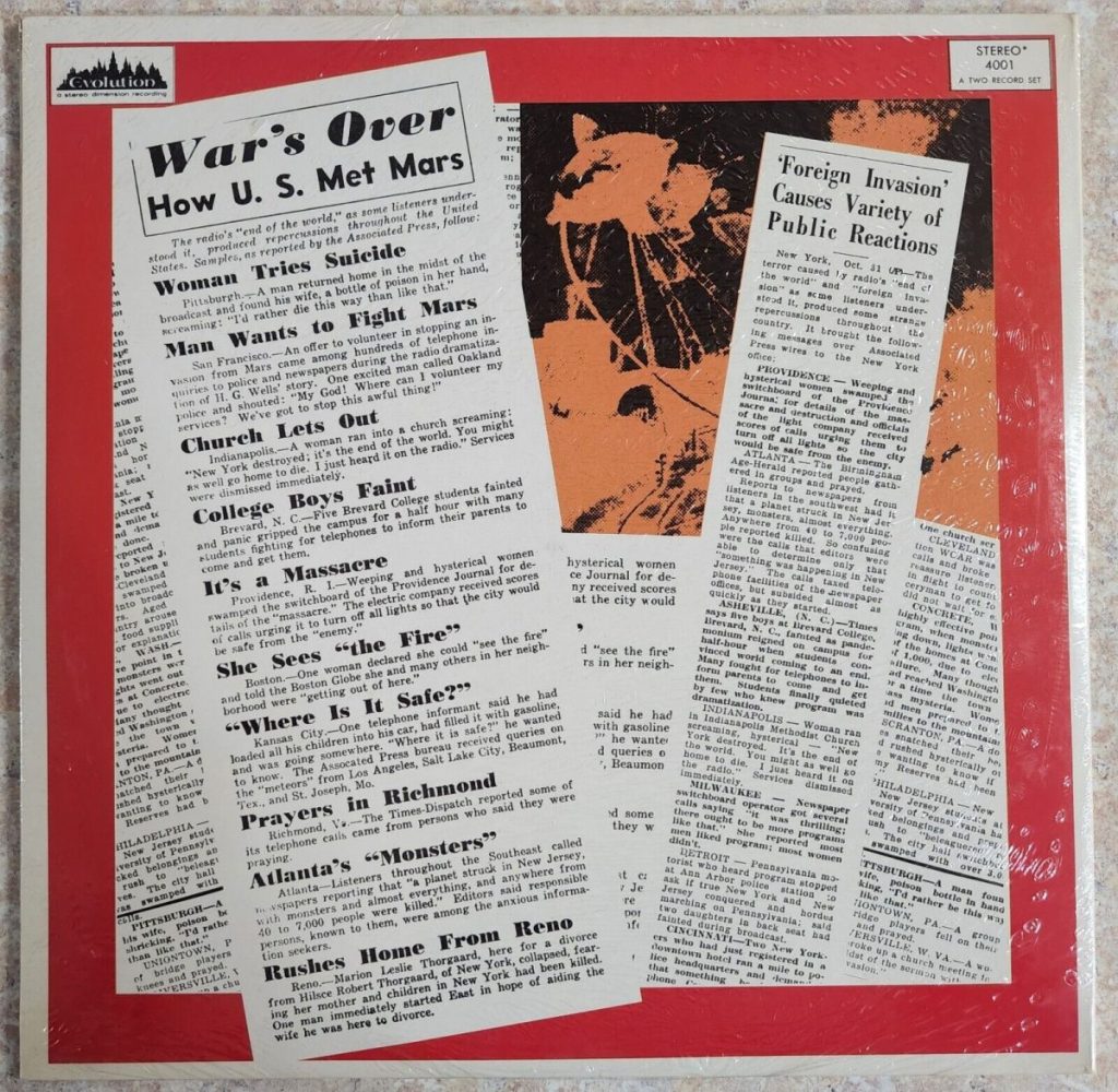 A vintage record cover featuring newspaper clippings and an abstract design in orange and black.