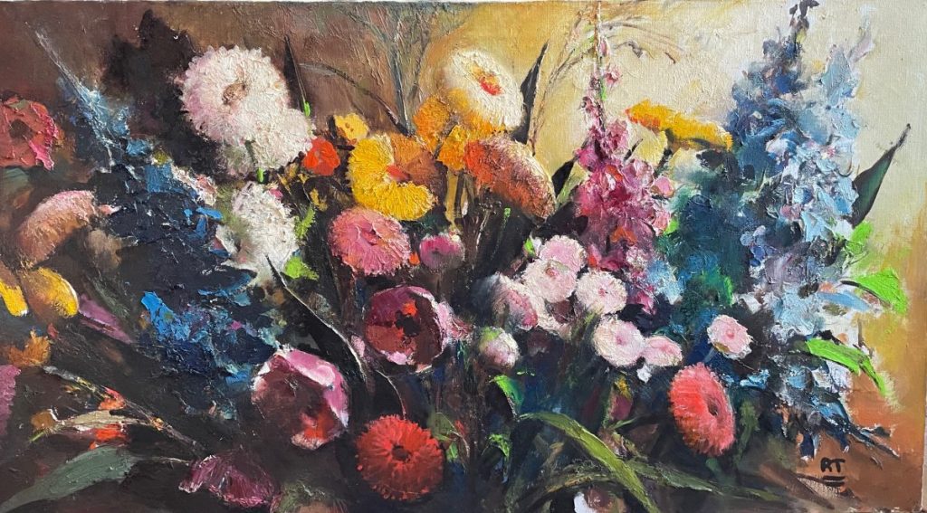 Vibrant painting of a floral arrangement featuring various colorful flowers in a loose composition.