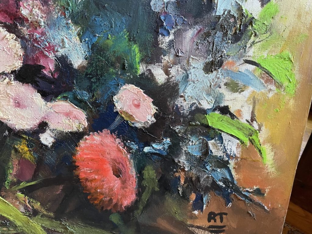 Close-up of a floral still life painting featuring various colorful flowers and foliage.