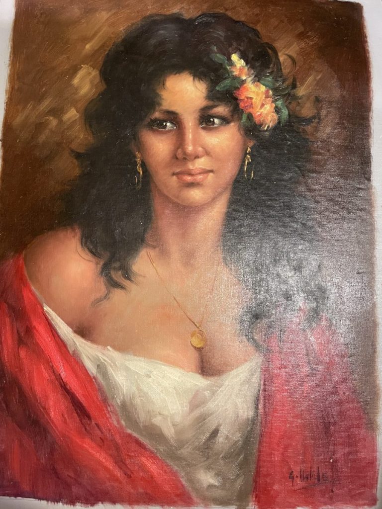 Oil painting of a woman with dark hair and a floral accessory, wearing a white dress and red shawl.