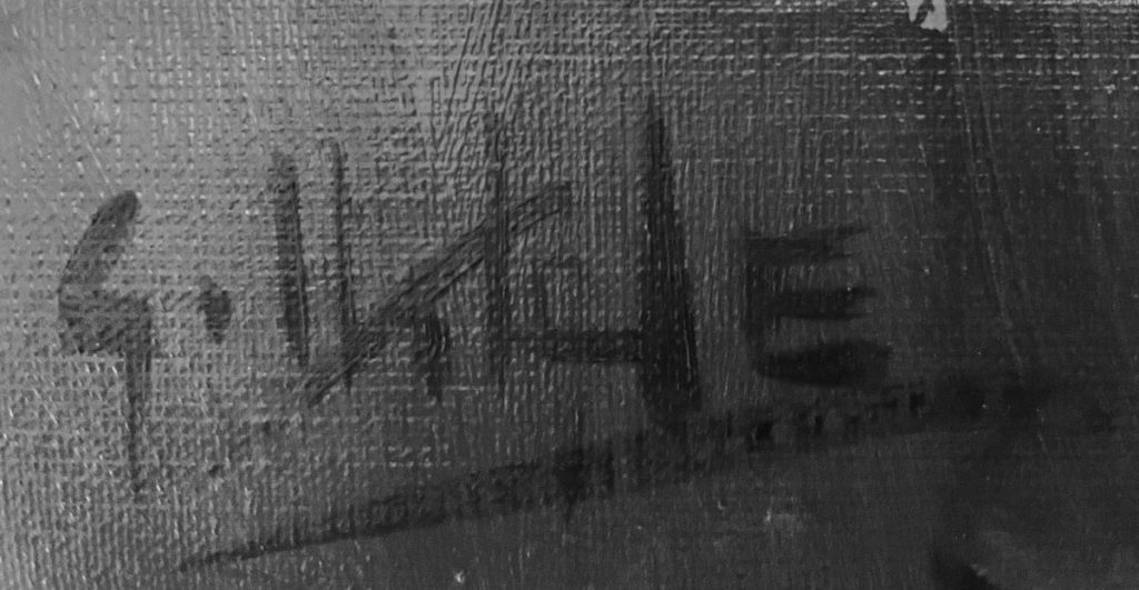 Signature of an artist displayed on a canvas artwork in black and white.