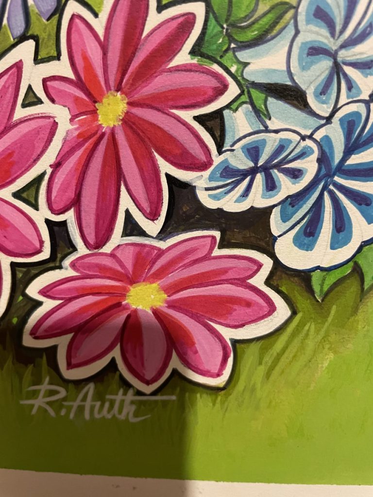 Close-up of a colorful floral painting featuring pink and blue flowers with green foliage.