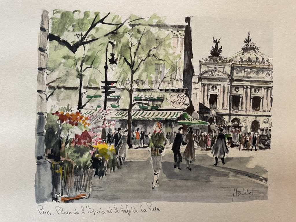Watercolor depiction of a Paris street scene featuring people and flowers near a historic building.