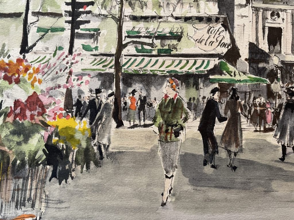 Watercolor artwork depicting a busy street scene with pedestrians and café awnings.