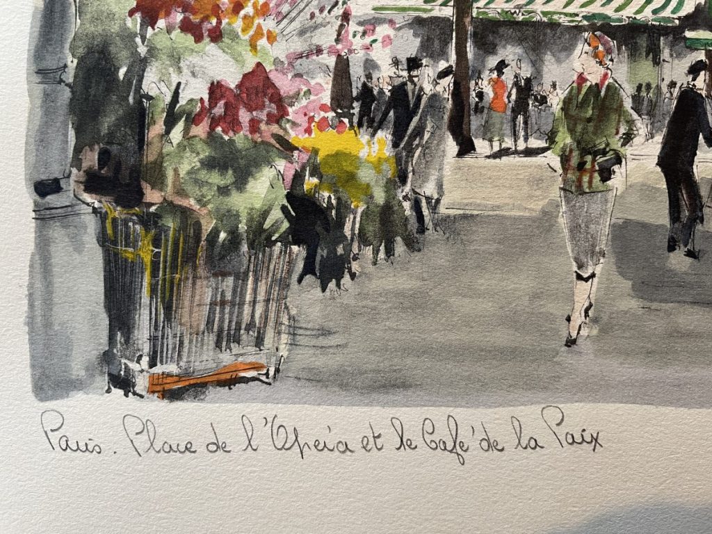Watercolor artwork depicting a Paris street scene with flowers and pedestrians.