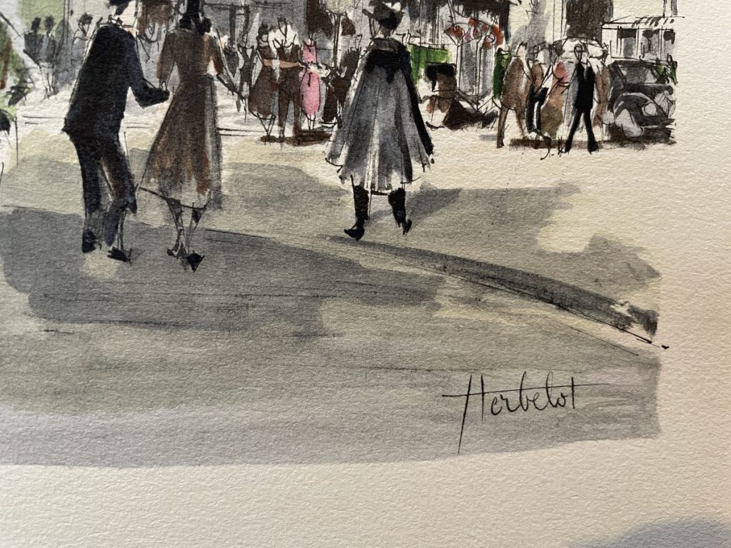 Watercolor artwork depicting people walking on a street with various figures and shades.