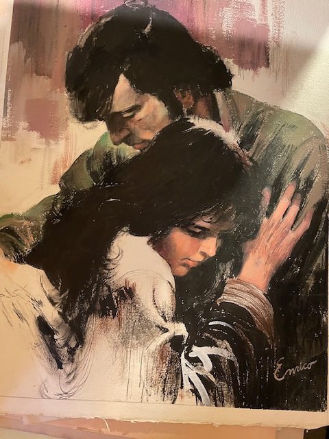 Artwork depicting two figures, a man and a woman, embracing in a tender moment.