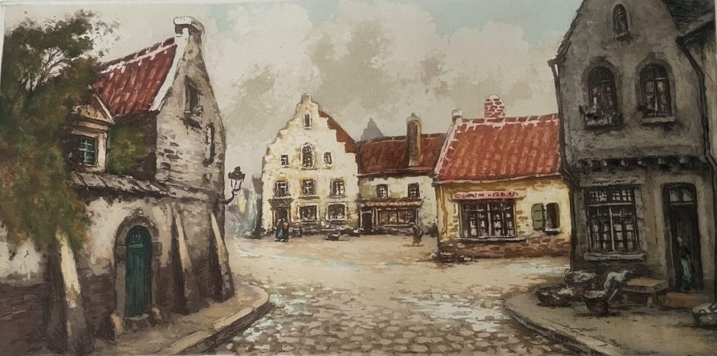 A painted scene of a historic European village with cobblestone streets and traditional buildings.