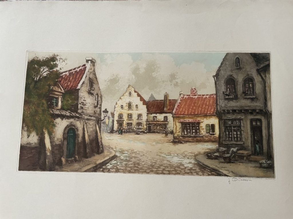 Watercolor painting depicting a quaint village scene with traditional buildings and cobblestone streets.