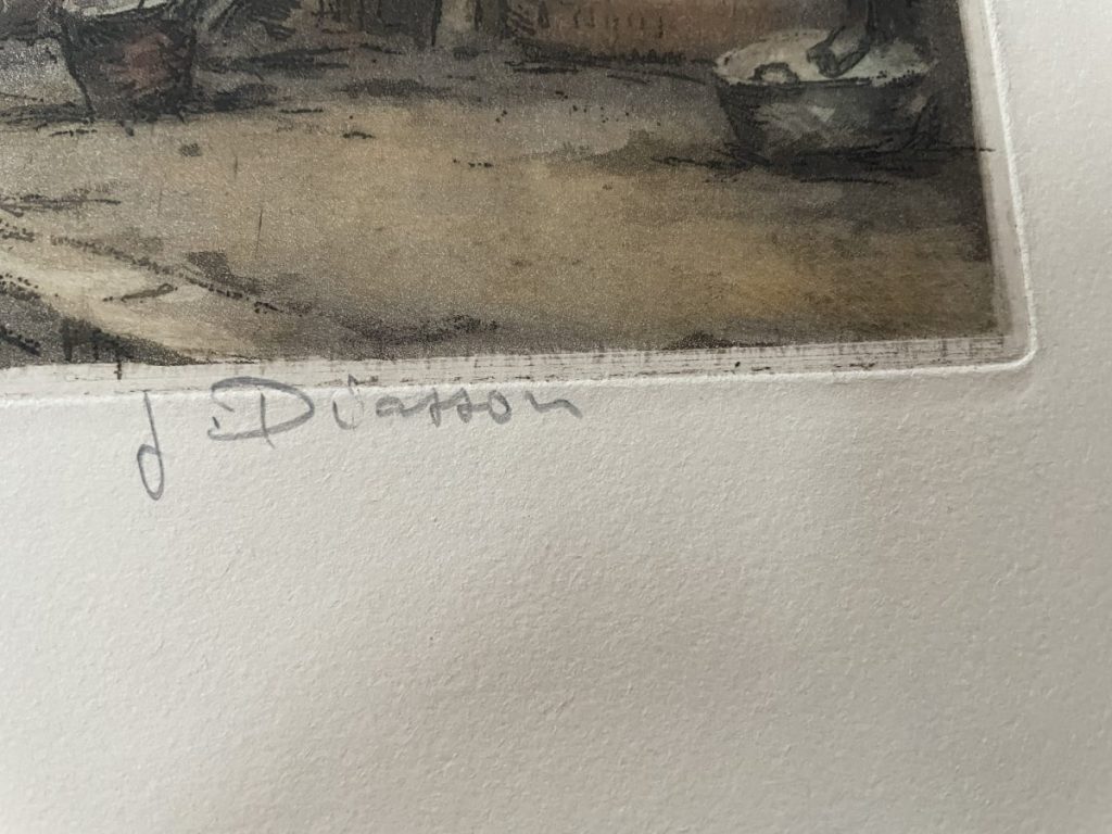 Signature of the artist J. Diasson on the bottom corner of an artwork.