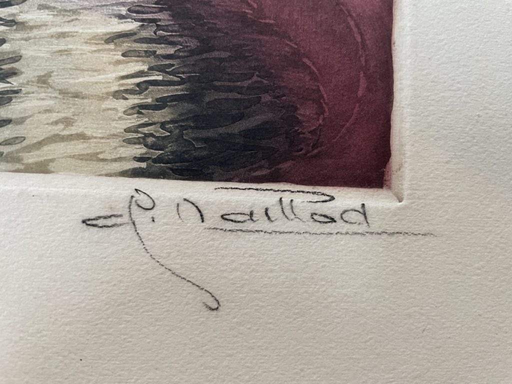 Close-up of an artist's signature on a piece of artwork, written in pencil.