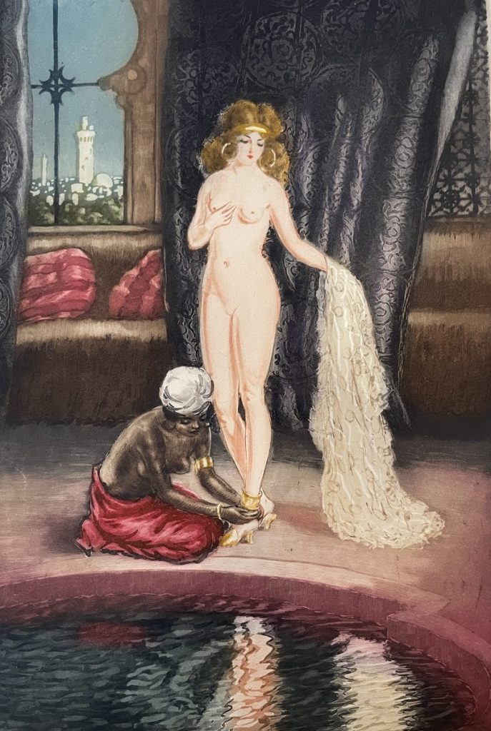A nude woman standing beside a seated figure, with a pool in the foreground and draped fabric in the background.