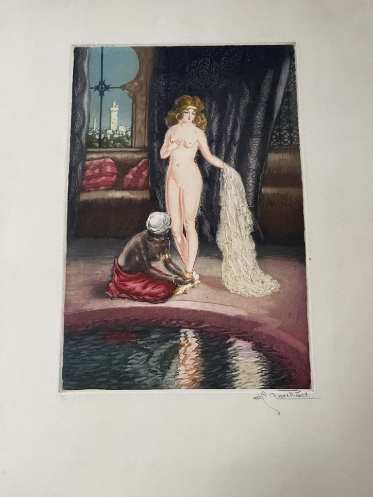 A nude woman standing while a figure kneels beside her, holding a piece of fabric in a decorative setting.