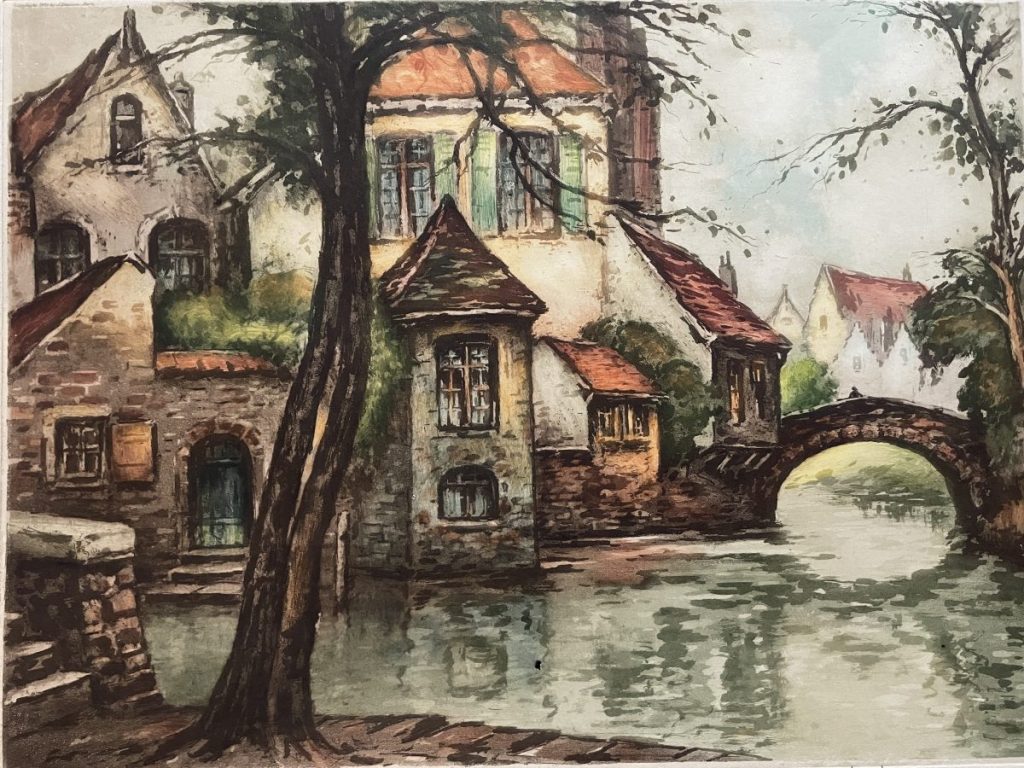Watercolor painting depicting a village scene with a bridge over a river and houses along the banks.