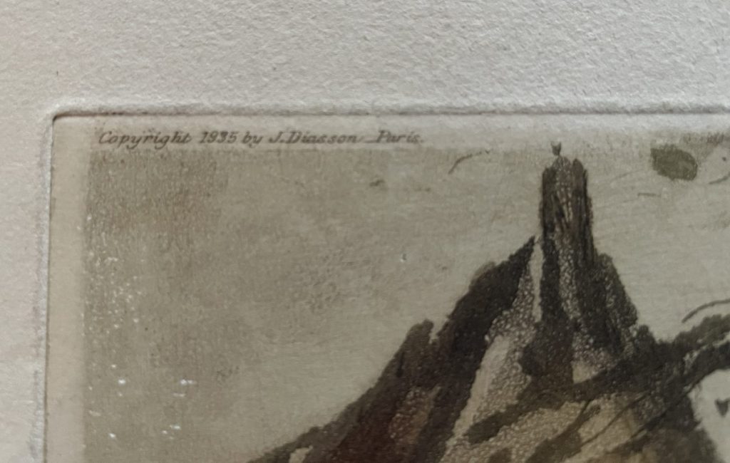 Copyright notice from 1935 by J. D. Anson, Paris, visible on the edge of an artwork.
